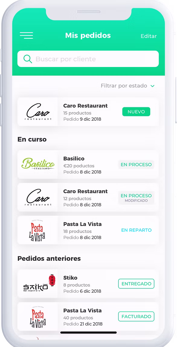 Pantalla Mis pedidos de Piola App con pedidos de clientes por estado
