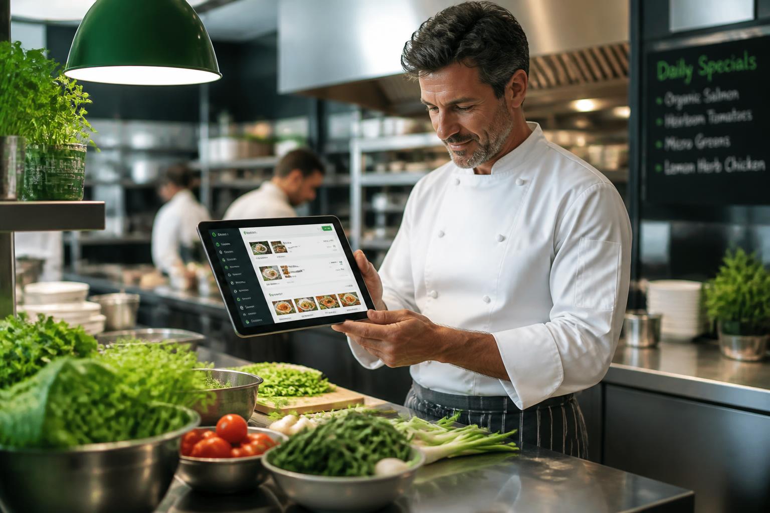 Chef usando la app de pedidos de Piola App en una cocina profesional