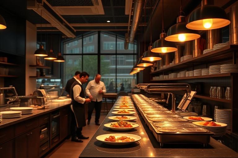 Cocina de un restaurante moderno con equipo emplatando
