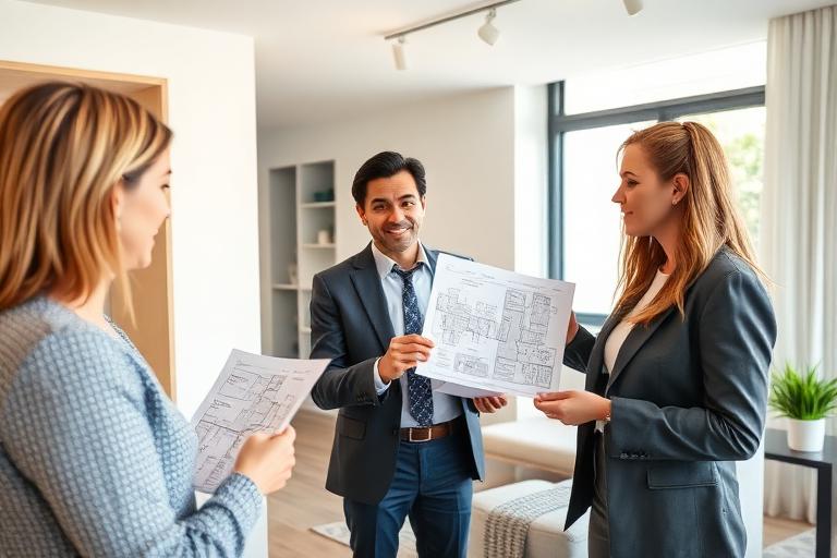 Agente inmobiliario enseñando una vivienda a unos clientes