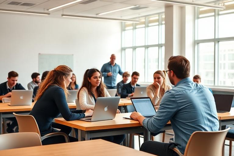 Aula de una academia de formación con alumnos y portátiles