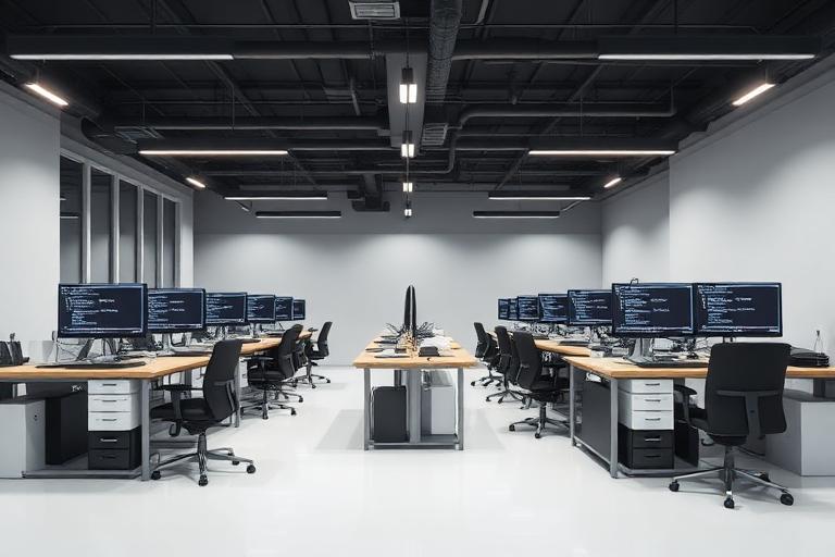 Oficina de una empresa de software con puestos de desarrollo