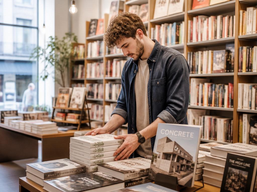 Librería con estanterías de libros y un librero gestionando el inventario