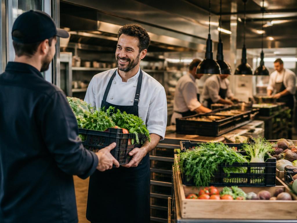 Cocina de restaurante recibiendo productos frescos de un proveedor
